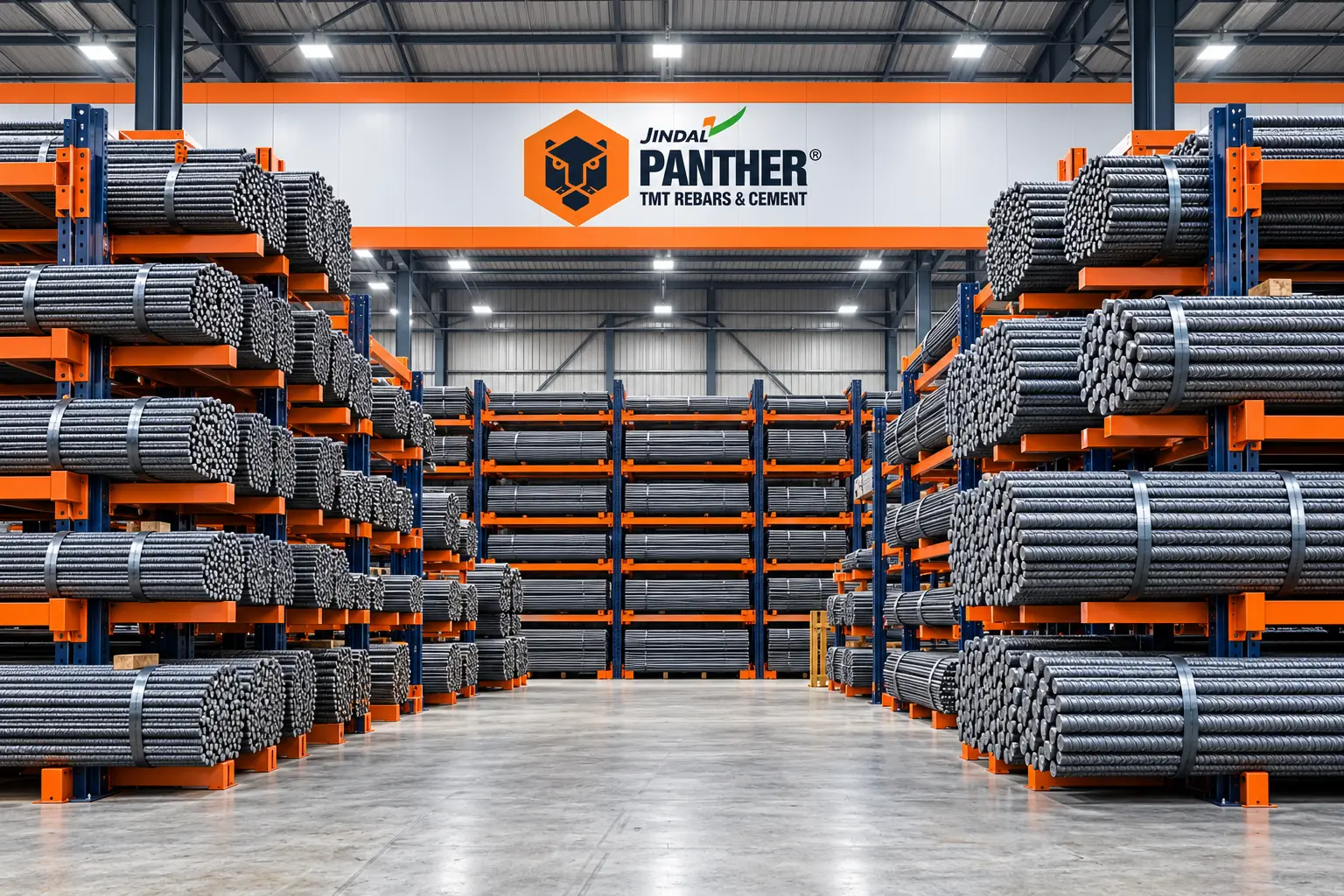 Balaji Mart, Bikapur के godown में rack पर रखे TMT Saria reinforcement bars