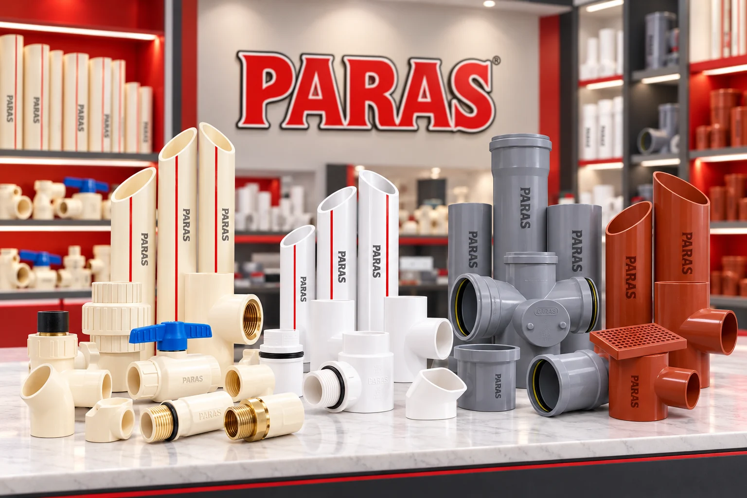 Paras के Pipes & Fittings का नज़दीकी display