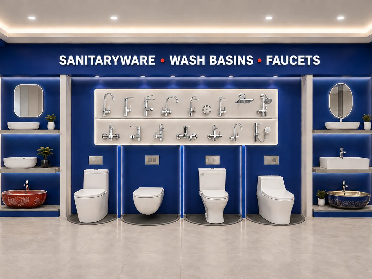 Wash Basins और आईनों के नीचे One-piece, Wall-hung और Two-piece Commodes का Bathroom display