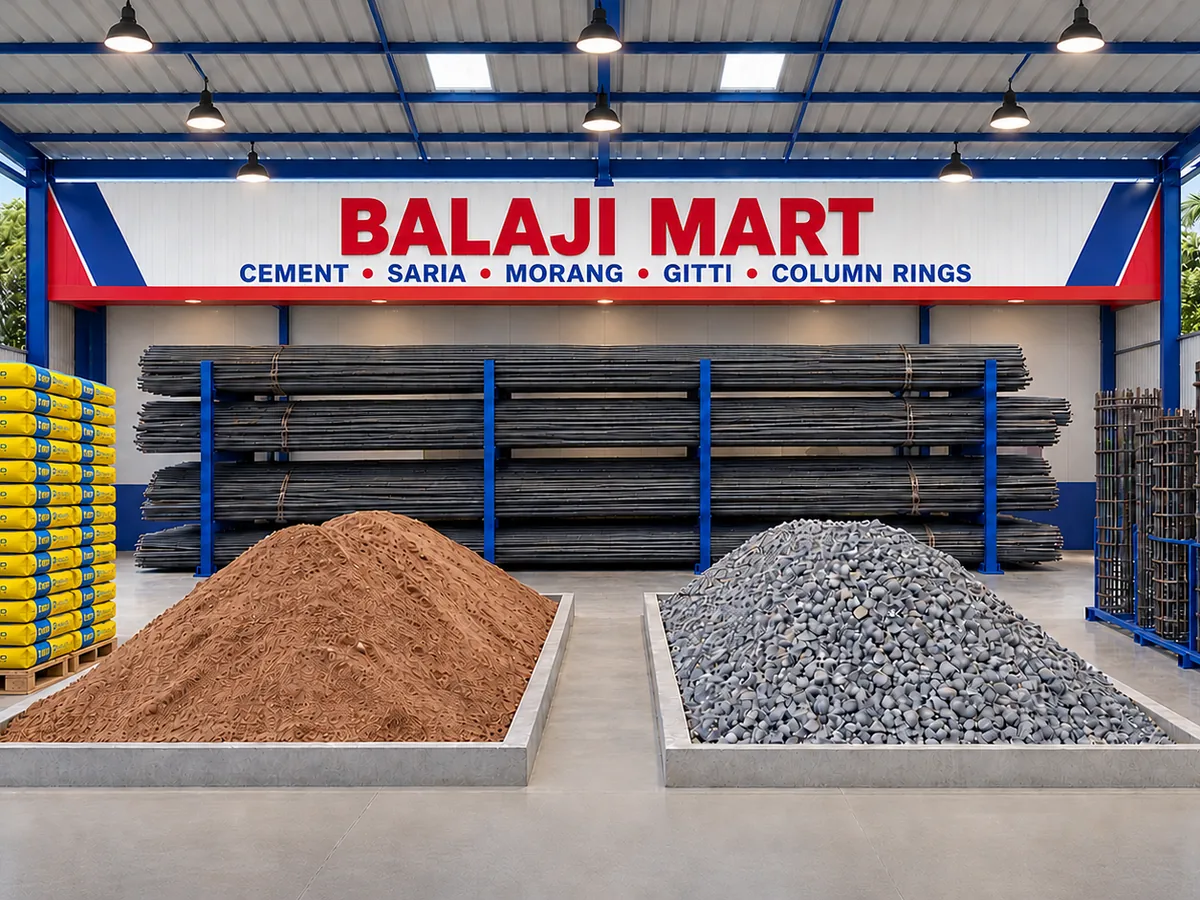 Building Material yard में Cement की बोरियाँ, Saria racks, Column Rings, Morang और Gitti