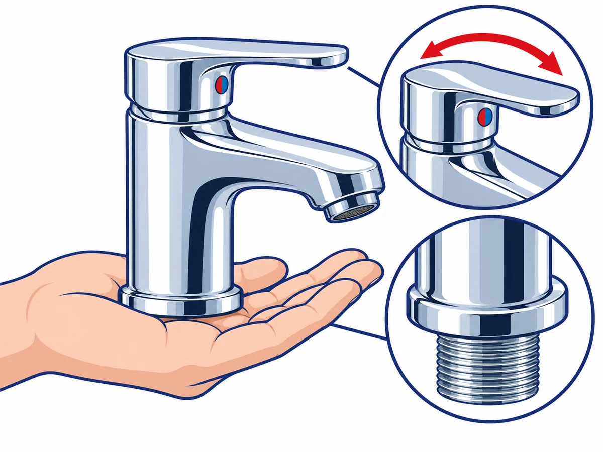 Tap जाँचने का चित्र — हाथ में वज़न, हैंडल का घूमना और chrome परत की चमक