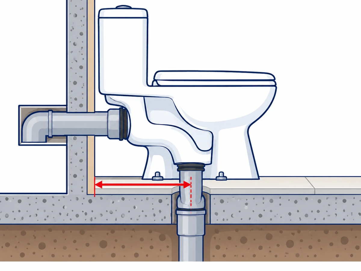 Commode के नाप का चित्र &mdash; फ़र्श वाली और दीवार वाली निकासी, और दीवार से pipe तक की दूरी