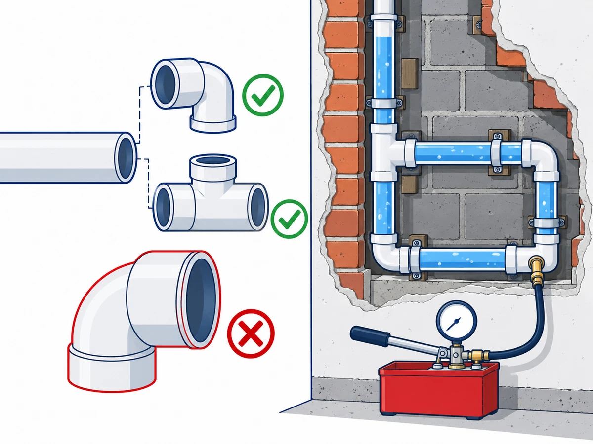 Pipe और fitting का नाप मिलाने और दीवार बंद करने से पहले लाइन जाँचने का चित्र