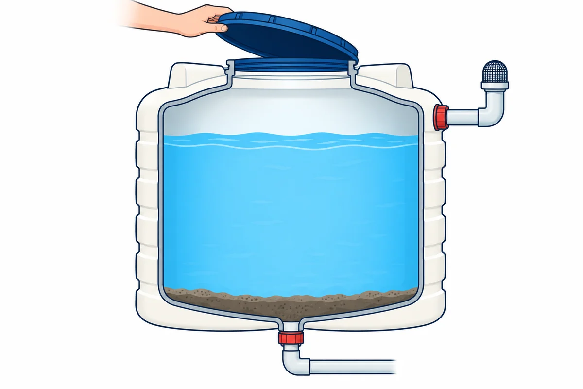Water Tank की सफ़ाई का चित्र — नीचे बैठी गाद, सबसे नीचे drain की pipe, खुला ढक्कन और overflow pipe पर जाली