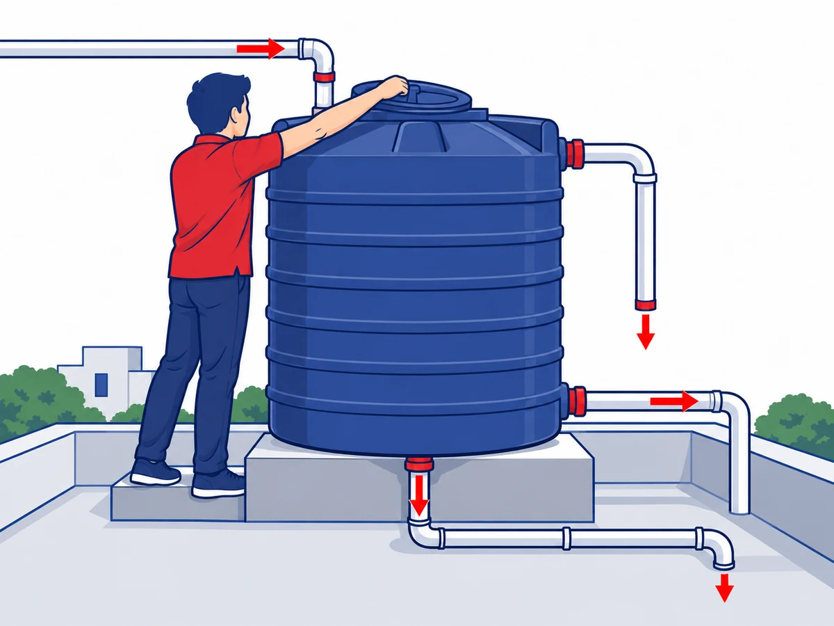 छत पर Water Tank रखने का चित्र &mdash; समतल चबूतरा और inlet, outlet, drain तथा overflow pipes
