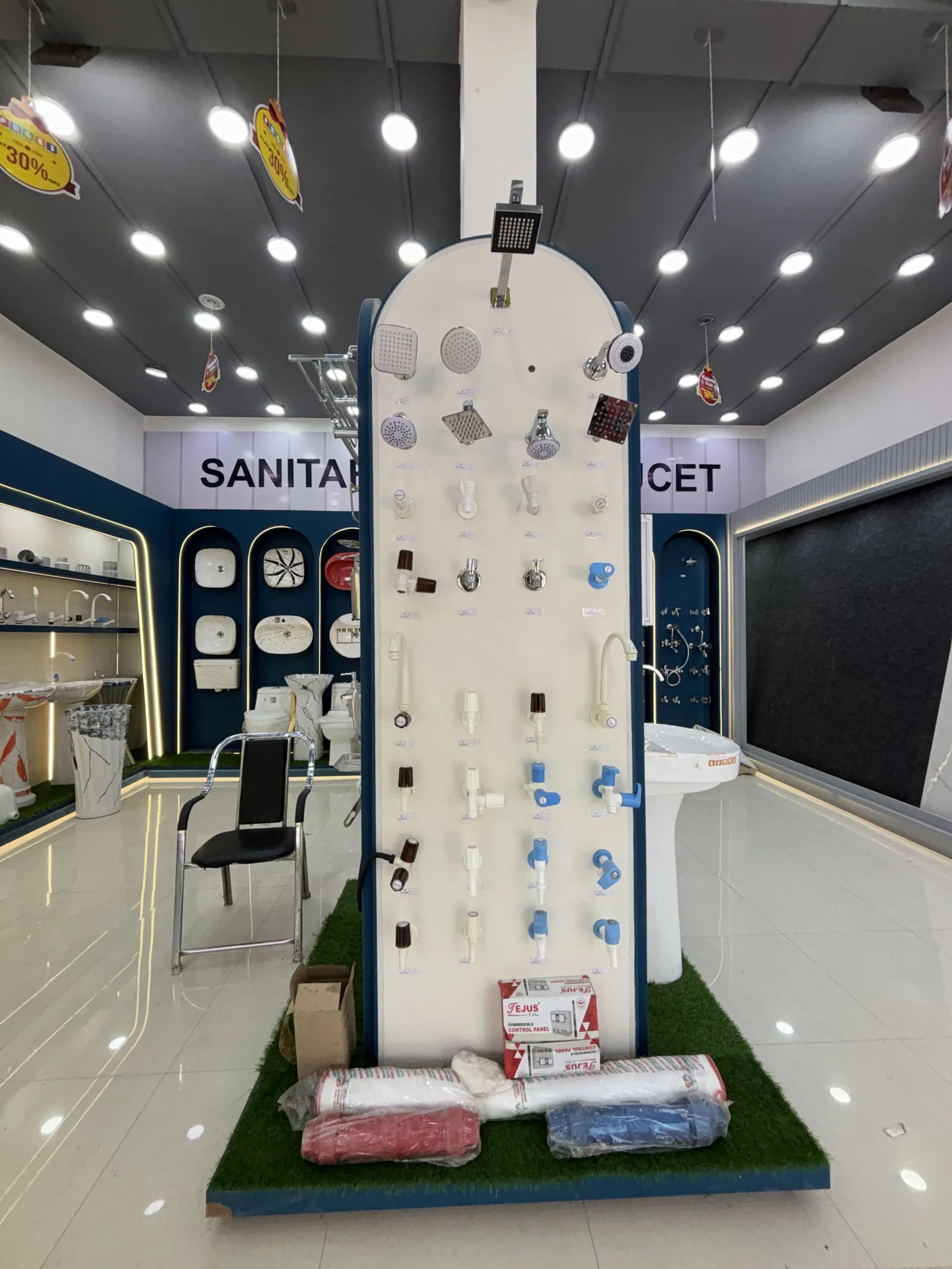 Plumbing valves, pipes and CPVC fittings on the counter display at Balaji Mart, Bikapur