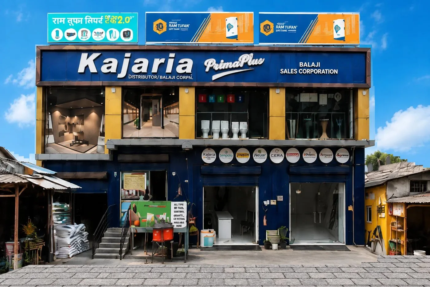 Bikapur, Ayodhya में Kajaria और दूसरे brand signboards वाला Balaji Mart का storefront