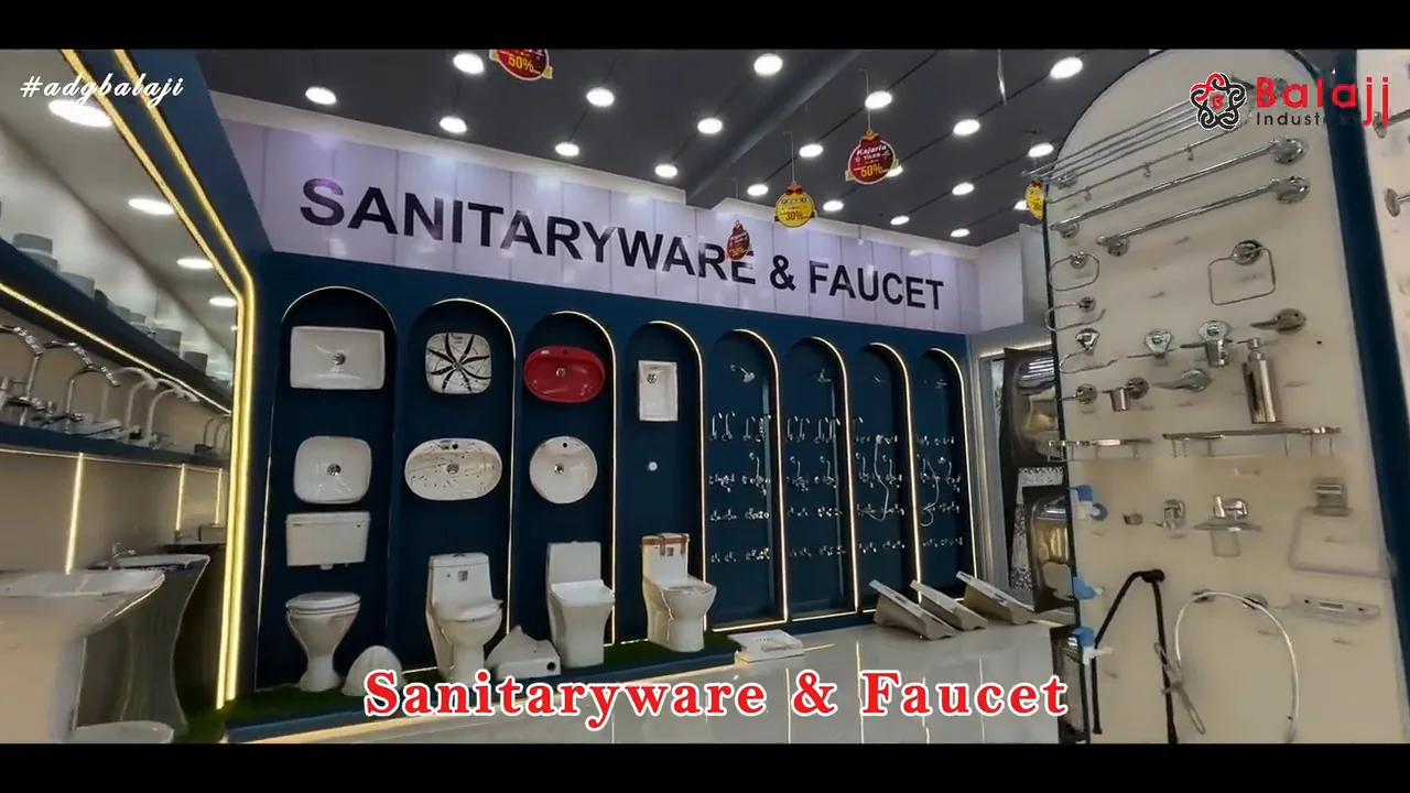 Balaji Mart की कहानी वाली film का एक दृश्य — Bikapur showroom के अंदर Sanitaryware और Faucet display