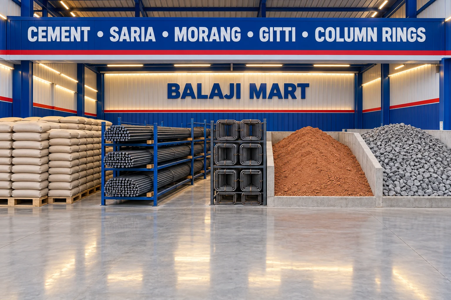 Balaji Mart, Bikapur का yard — बाएँ से दाएँ Cement के pallets, Saria का rack, Column Rings, फिर Morang और Gitti के bays