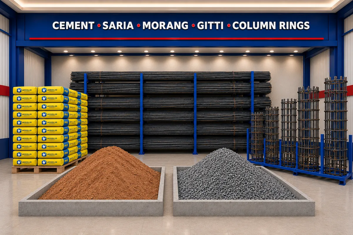 Saria bundles on the rack and column rings stacked in the yard at Balaji Mart, Bikapur