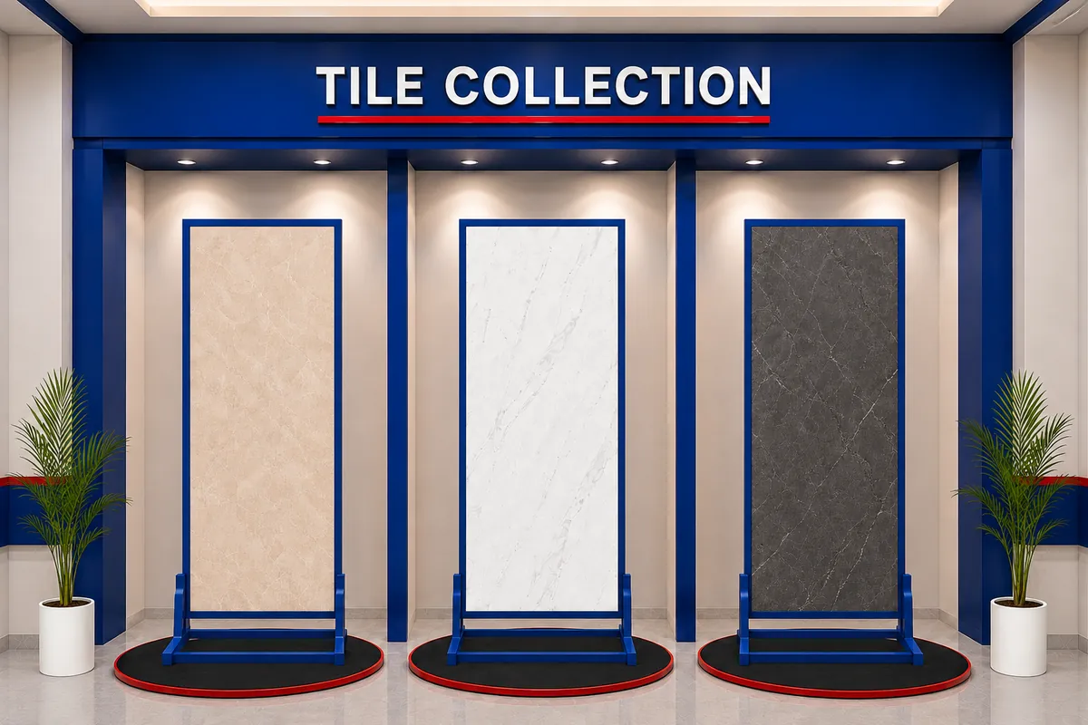 Floor and wall tile display boards in the tile showroom at Balaji Mart, Bikapur, Ayodhya