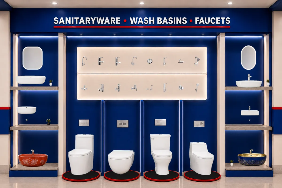 Commodes, wash basins and faucets displayed in the sanitaryware section at Balaji Mart, Bikapur