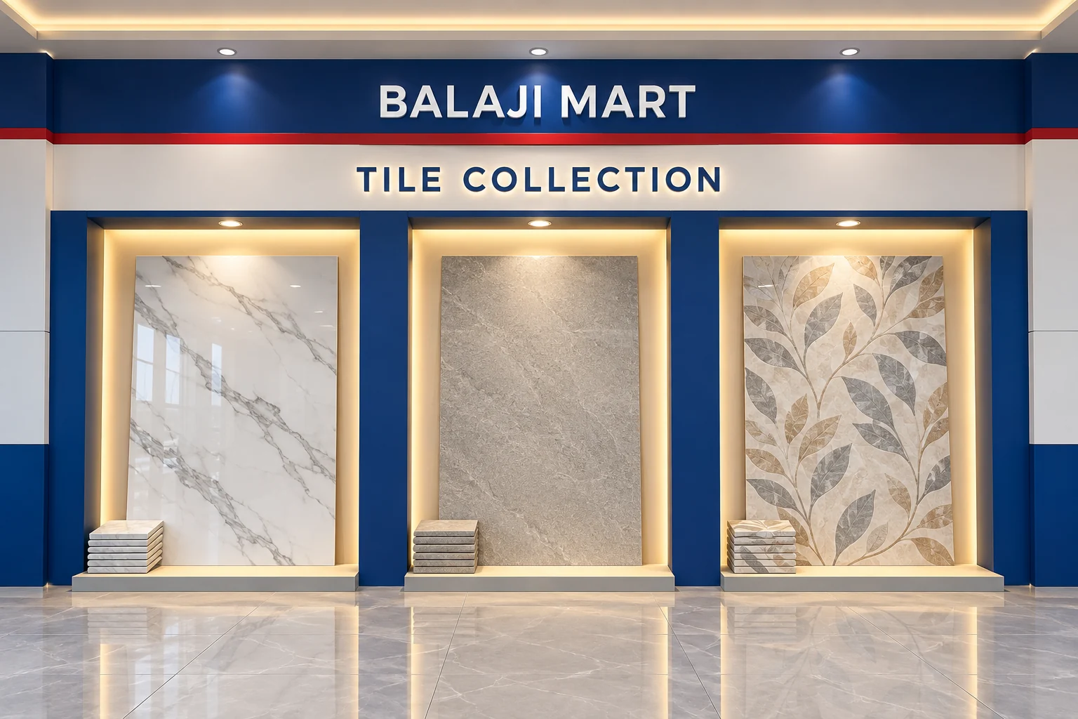 Balaji Mart, Bikapur की Tile display पर तीन अलग तरह की Tiles — marble-look, stone-look और pattern वाली, नीचे रखे sample के साथ