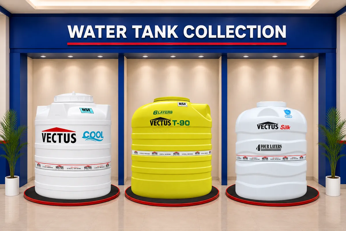 Overhead water storage tanks in different capacities on display at Balaji Mart, Bikapur