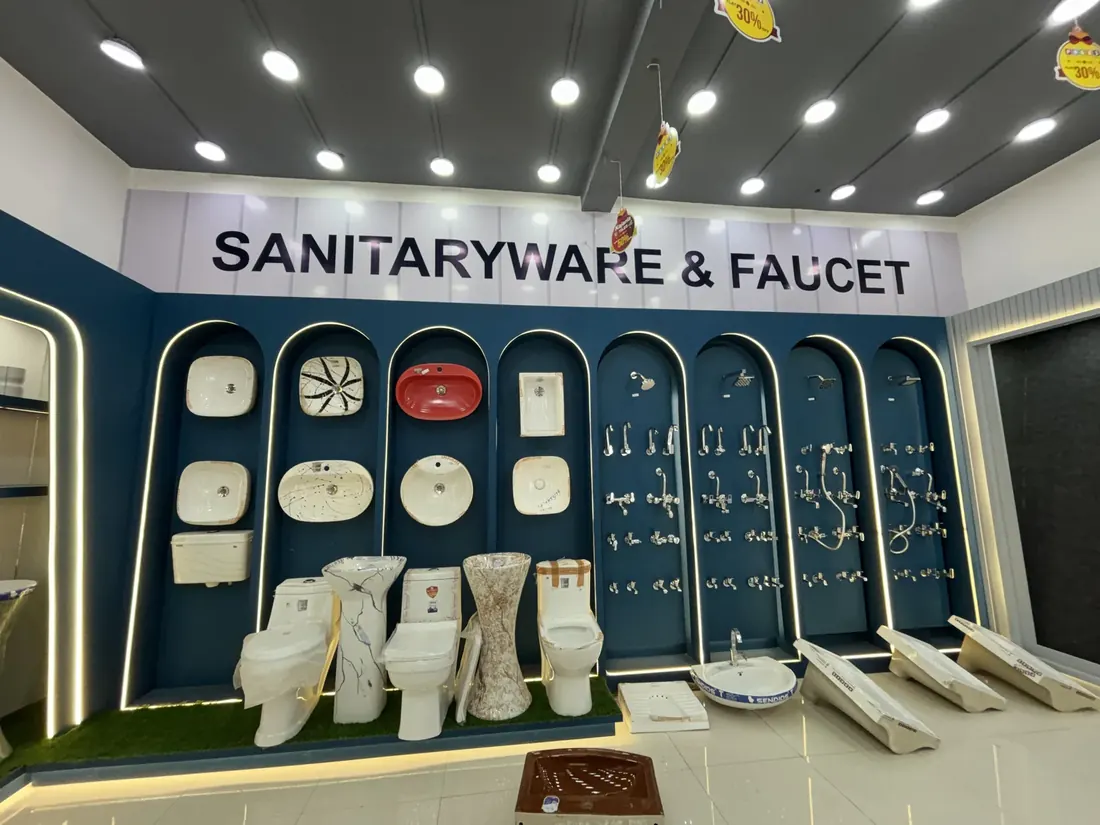 The sanitaryware and faucet section with wash basins, commodes and taps on display at Balaji Mart, Bikapur