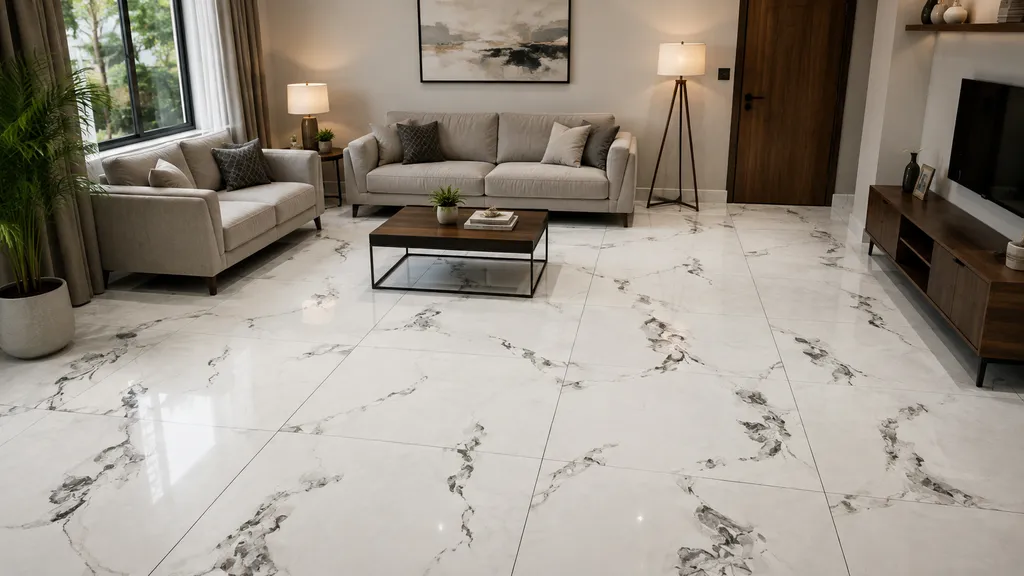 Living Room में White marble-look floor tiles with dark veins