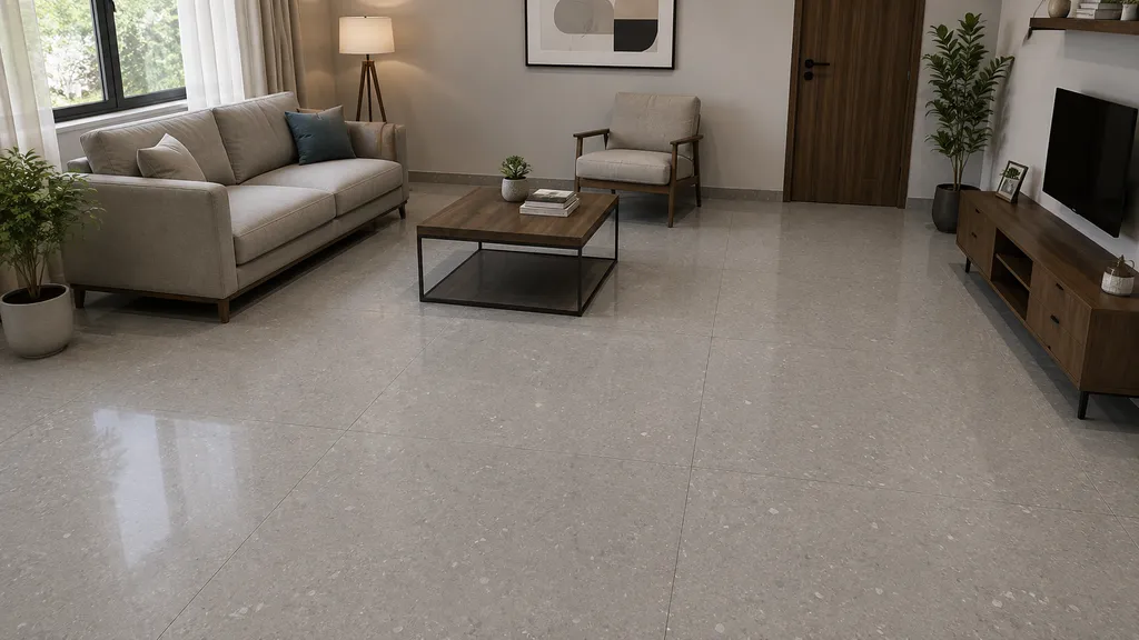 Living Room में Light grey speckled floor tiles