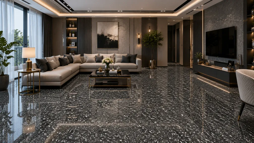 Living Room में Black granite-look glossy floor tiles