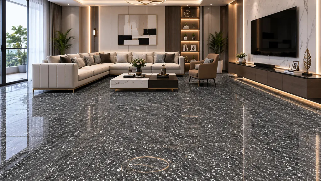 Living Room में Dark granite-look floor tiles with a speckled finish