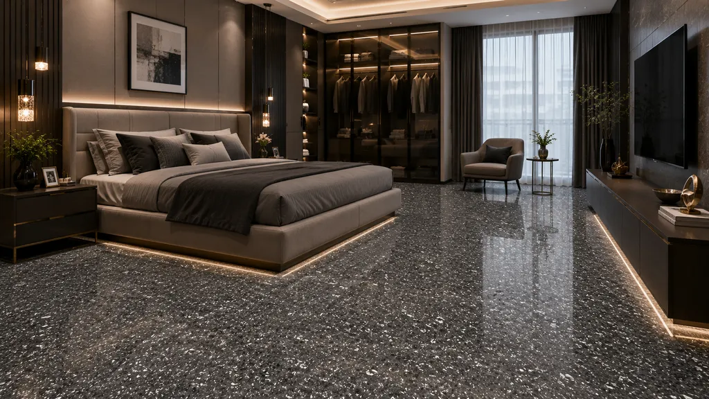 Bedroom में Dark granite-look glossy floor tiles