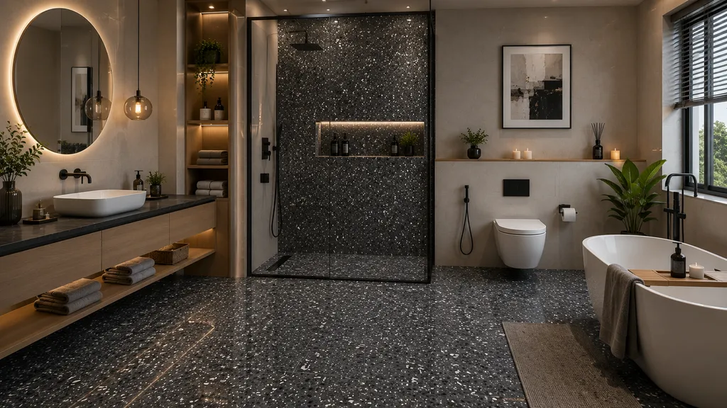 Bathroom में Dark terrazzo-look floor and shower wall tiles