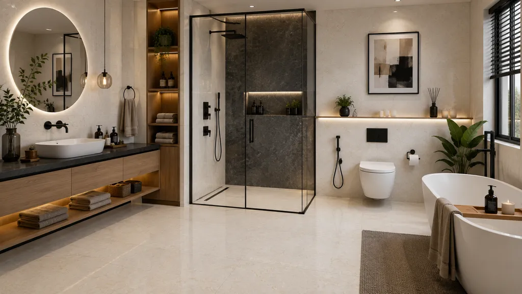 Bathroom में Cream floor tiles with a dark stone-look shower wall