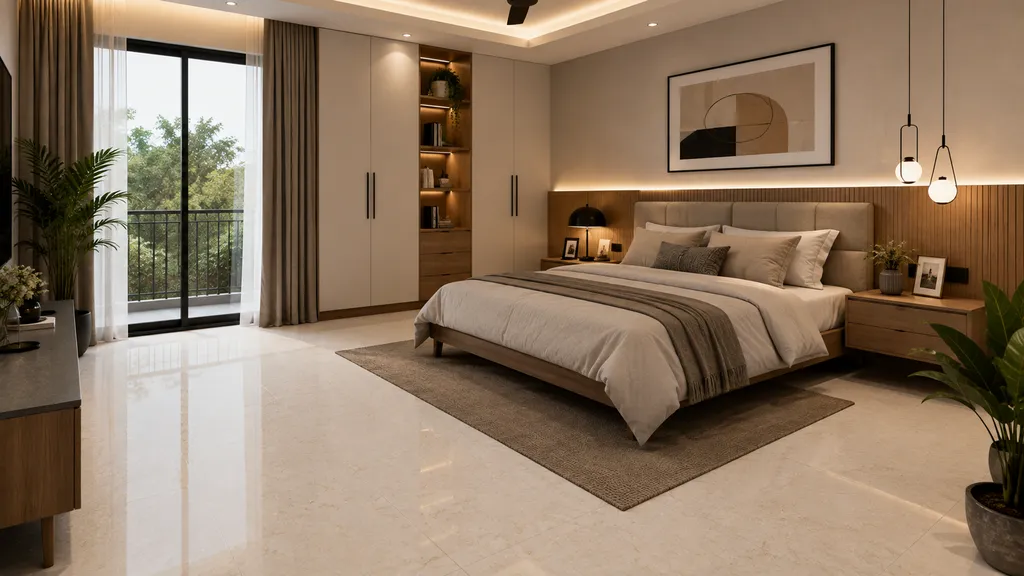 Bedroom में Cream glossy floor tiles