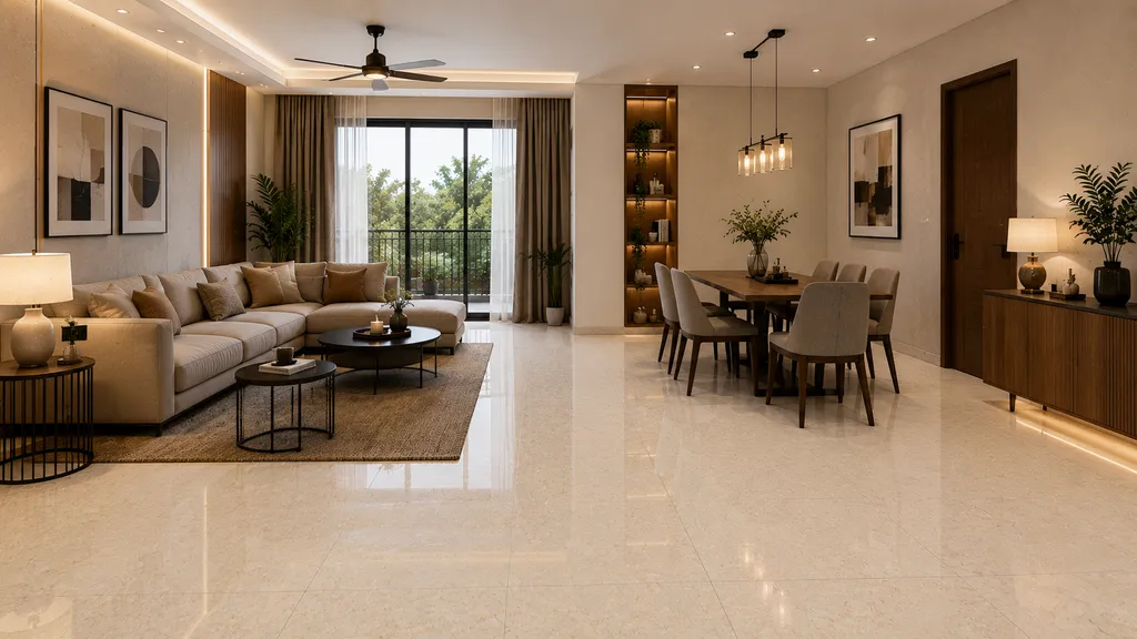 Open living and dining area में Cream glossy floor tiles