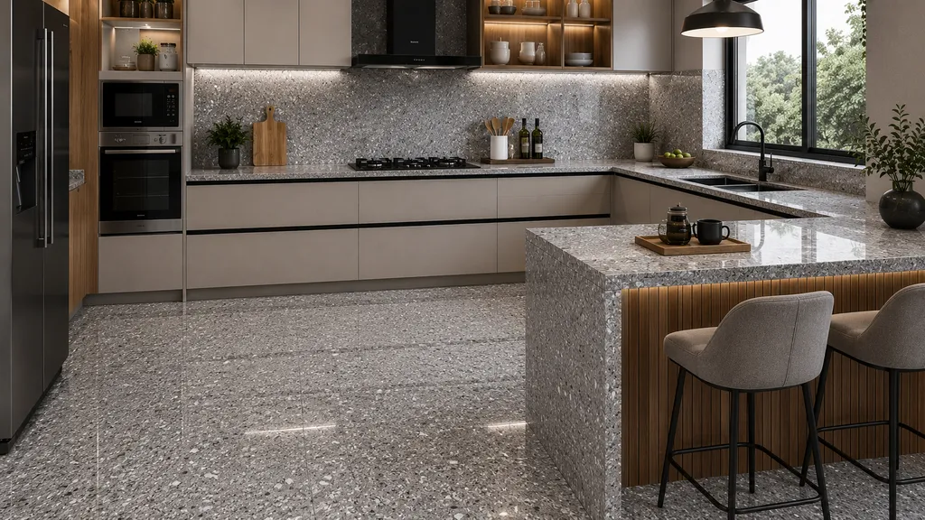 Kitchen में Grey terrazzo-look floor tiles