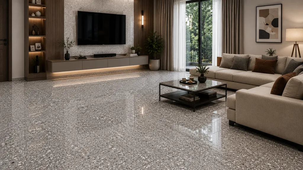 Living Room में Grey speckled terrazzo-look floor tiles