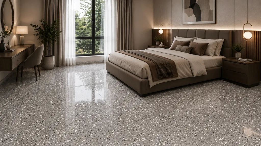 Bedroom में Grey speckled terrazzo-look floor tiles