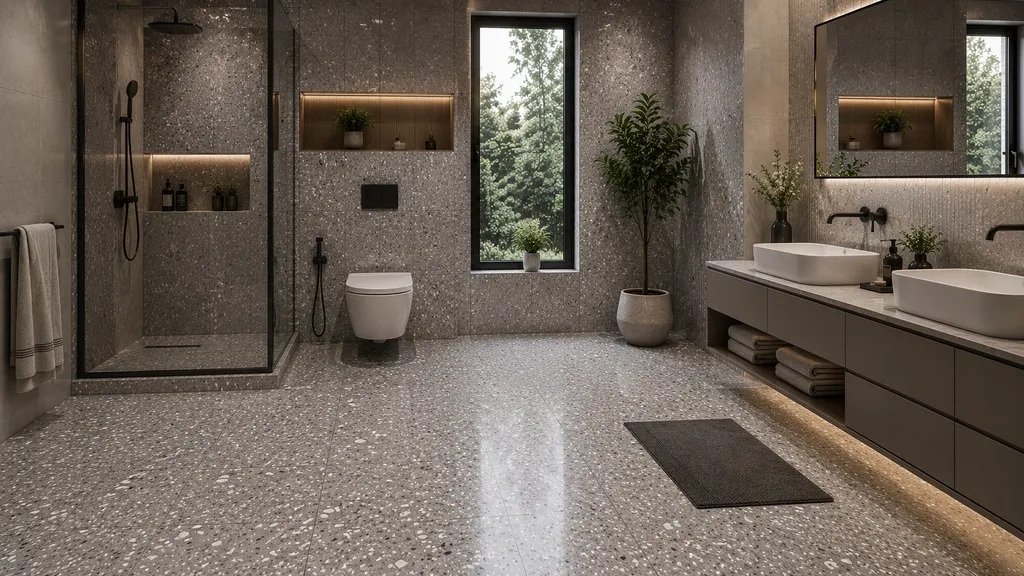 Bathroom में Grey terrazzo-look floor and wall tiles