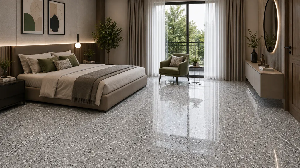 Bedroom में Grey speckled glossy floor tiles