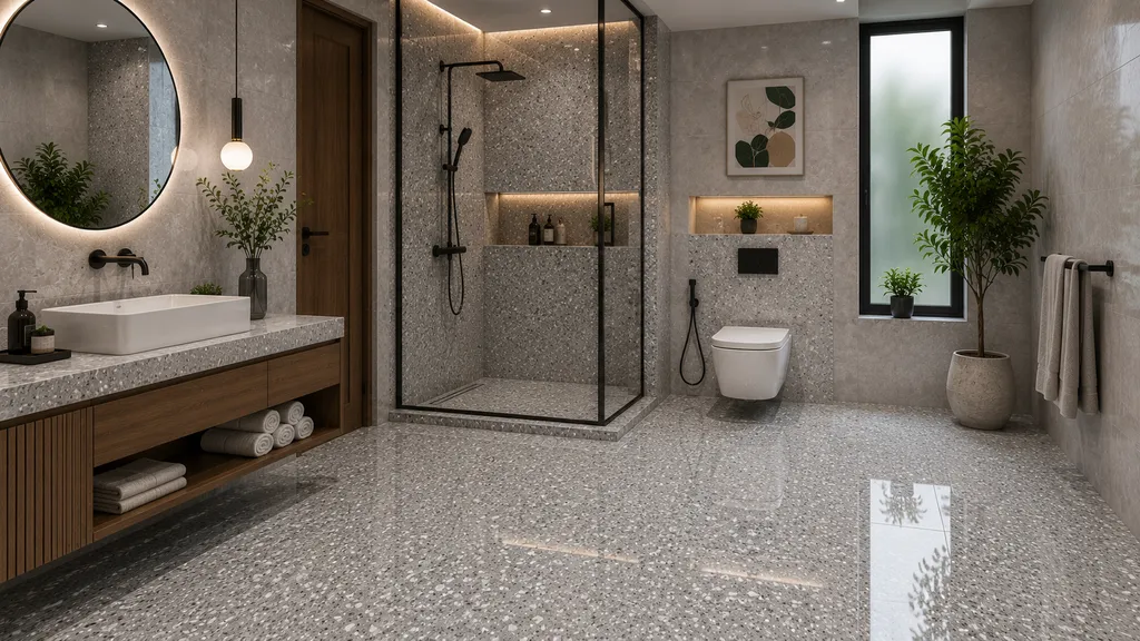 Bathroom में Grey speckled floor and wall tiles