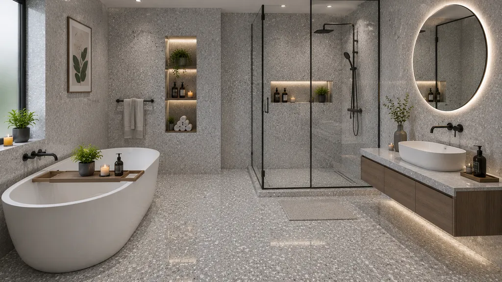 Bathroom में Grey terrazzo-look tiles around a bathtub