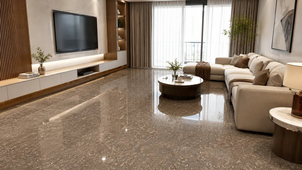 Living Room में Taupe speckled glossy floor tiles