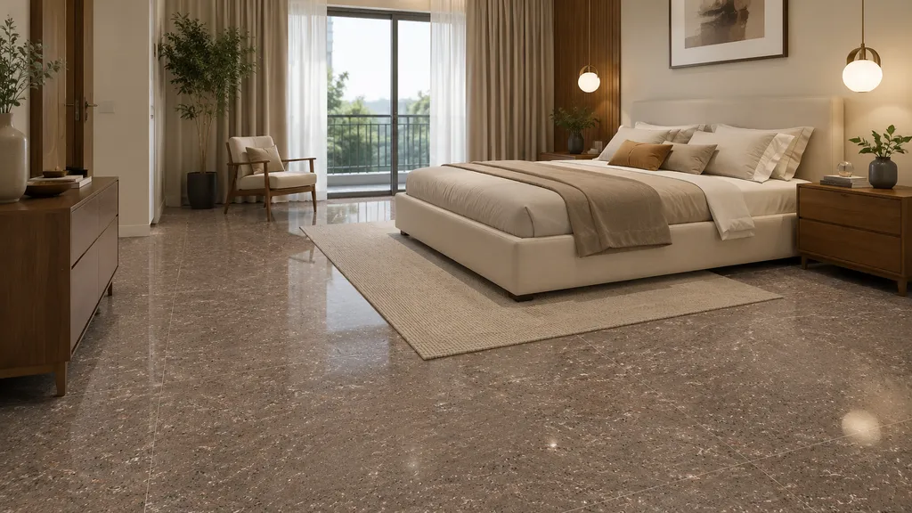 Bedroom में Taupe speckled floor tiles