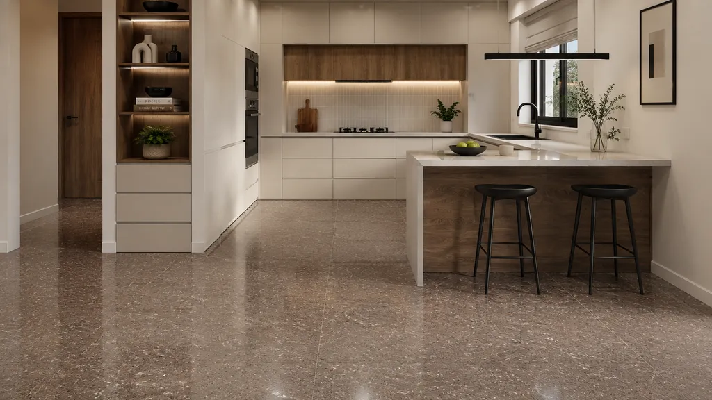 Kitchen में Taupe speckled floor tiles