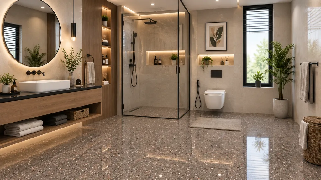 Bathroom में Taupe speckled floor tiles