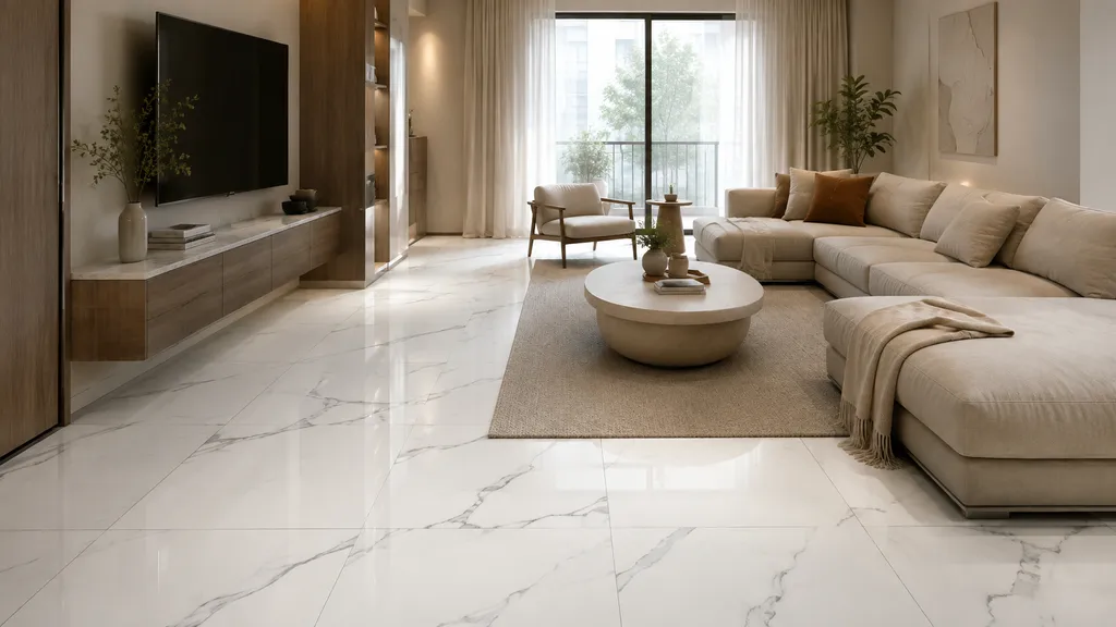 Living Room में White marble-look floor tiles with grey veins