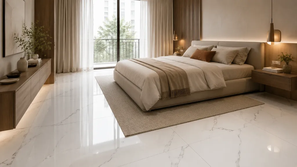Bedroom में White marble-look floor tiles