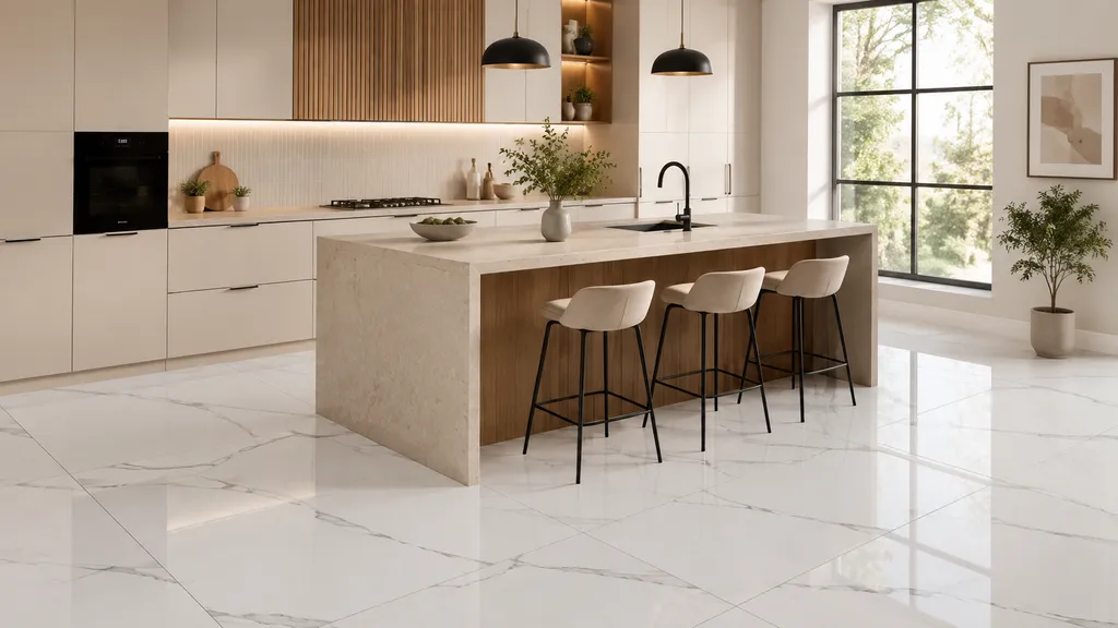 Kitchen में White marble-look floor tiles