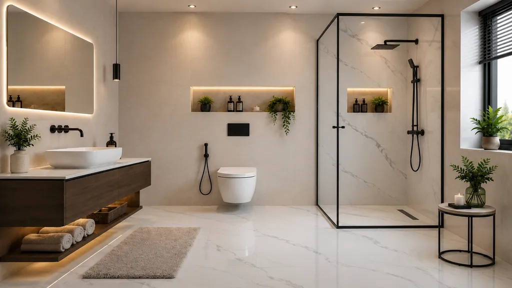 Bathroom में White marble-look floor and wall tiles